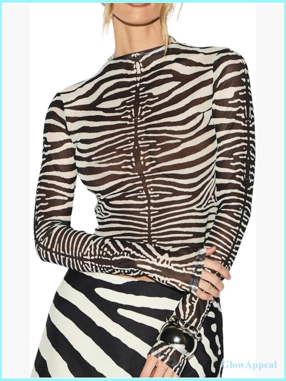 Zebra Print Mesh Long Sleeve Crop Top Mock Neck Sheer Going Out Top